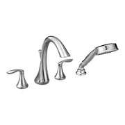 Chrome two-handle deck mount roman tub faucet with curved spout and detachable handshower.