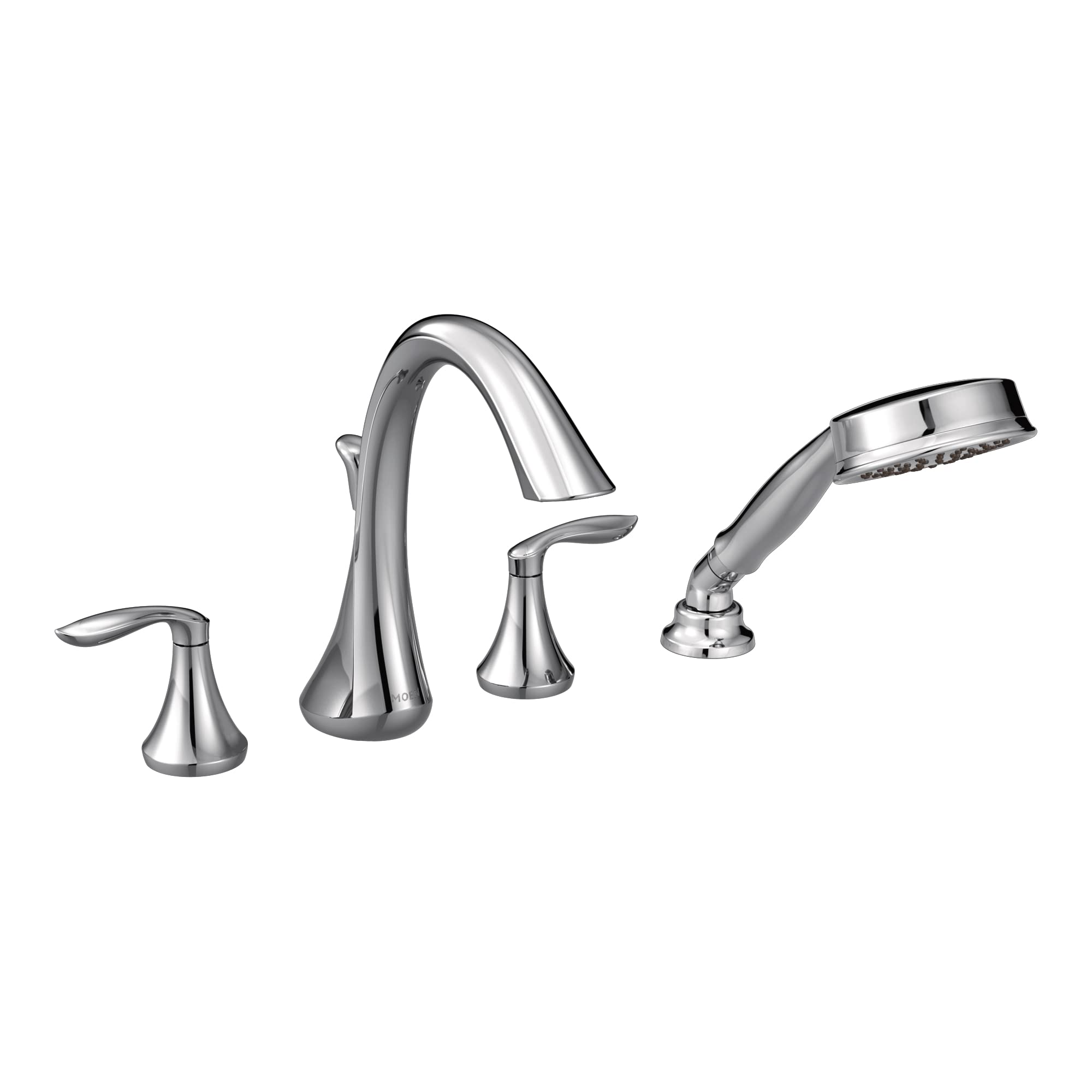 Chrome two-handle deck mount roman tub faucet with curved spout and detachable handshower.
