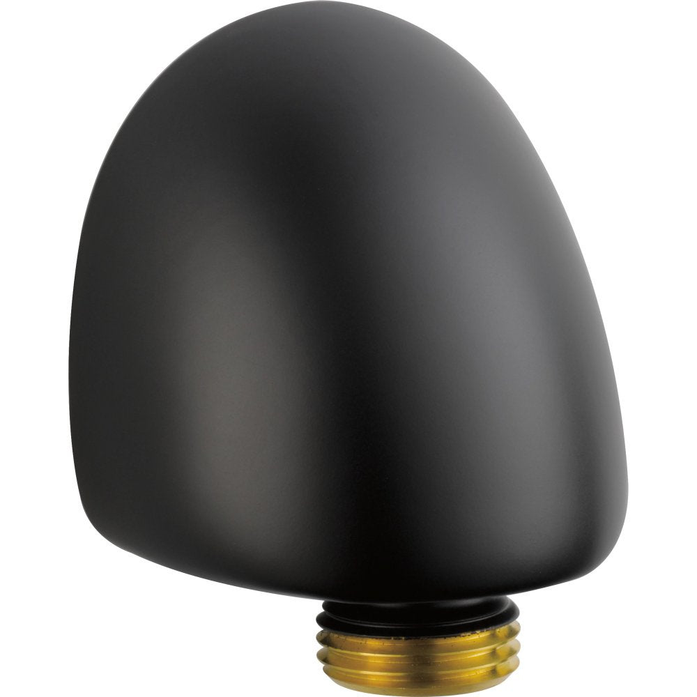 Black dome-shaped wall elbow with brass threaded connection base for hand shower.