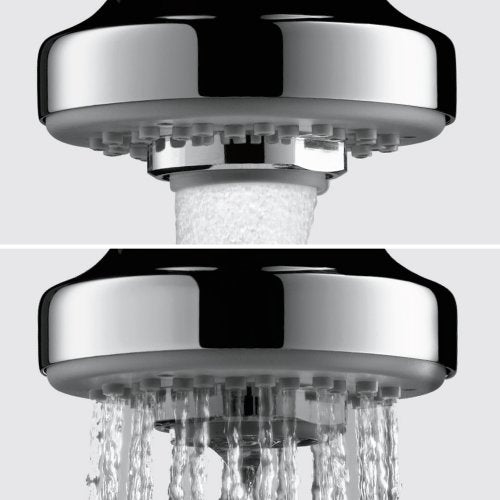 Chrome high-arc kitchen faucet with pull-down sprayer head shown in two spray patterns: rain and stream.
