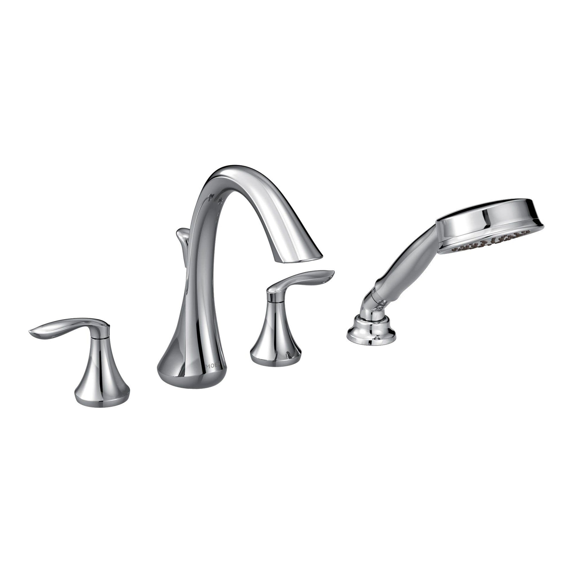 Chrome two-handle roman tub faucet with arched spout and detachable handheld showerhead.