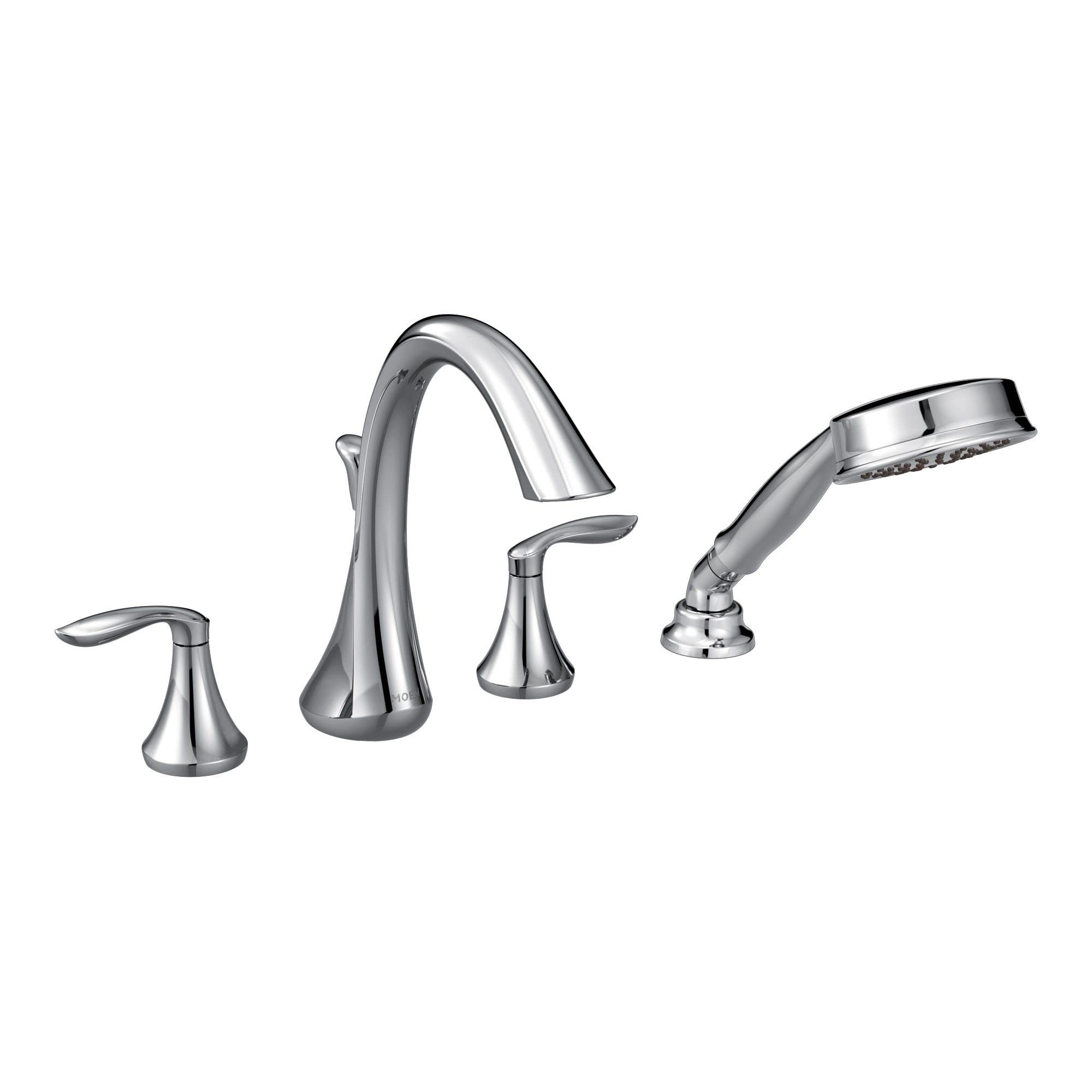 Chrome two-handle roman tub faucet with arched spout and detachable handheld showerhead.