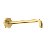 Brushed gold shower arm with hexagonal wall mount and curved outlet, extending horizontally.