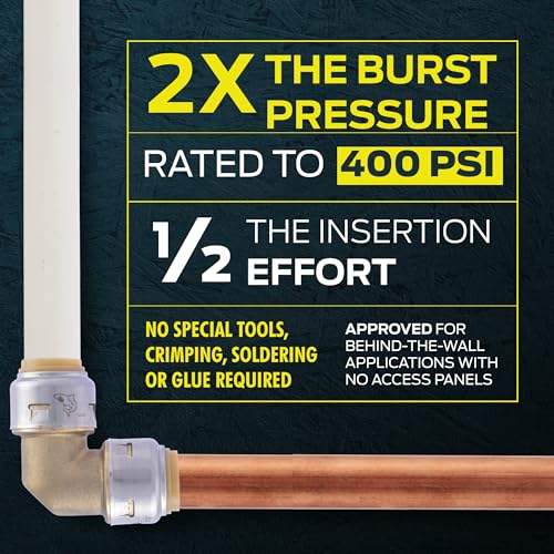 Brass dual stop angle valve with push-to-connect fittings on copper pipe against product specification backdrop.