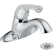 Chrome single-handle centerset lavatory faucet with curved spout and matching drain cover.