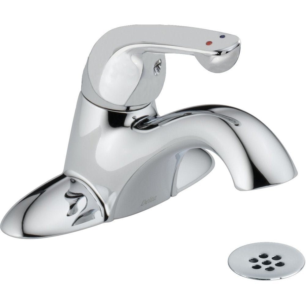 Chrome single-handle centerset lavatory faucet with curved spout and matching drain cover.