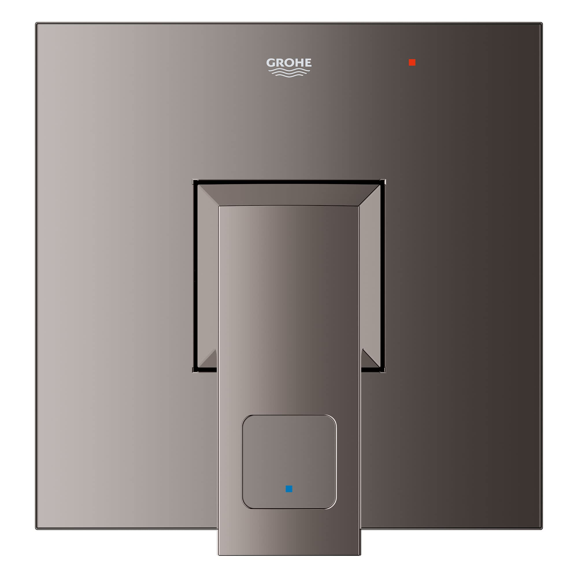 Grohe Eurocube pressure balance valve trim in dark graphite with square handles and central control button.