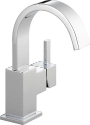 Chrome single-handle bathroom faucet with curved spout and square base.