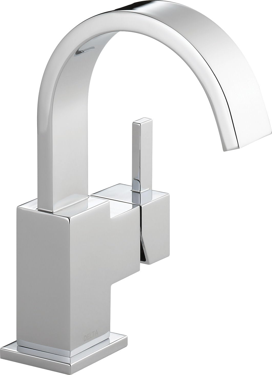 Chrome single-handle bathroom faucet with curved spout and square base.