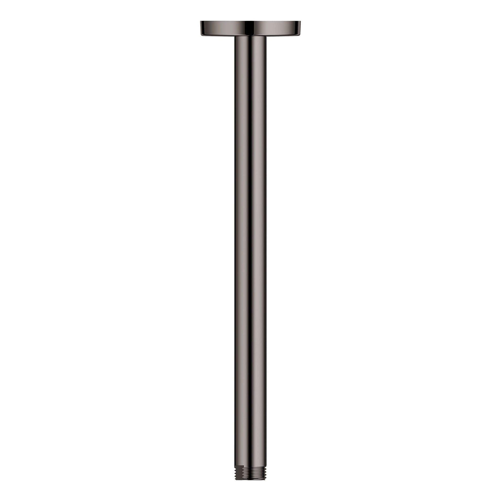 Dark gray metallic ceiling-mounted shower arm with round mounting plate and threaded connection at bottom.