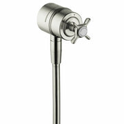 Brushed nickel wall outlet with cross handle and cylindrical body connected to downward-extending pipe.