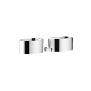 Chrome soap dishes with curved cylindrical design and black accent stripe, shown as a pair with mounting bracket.