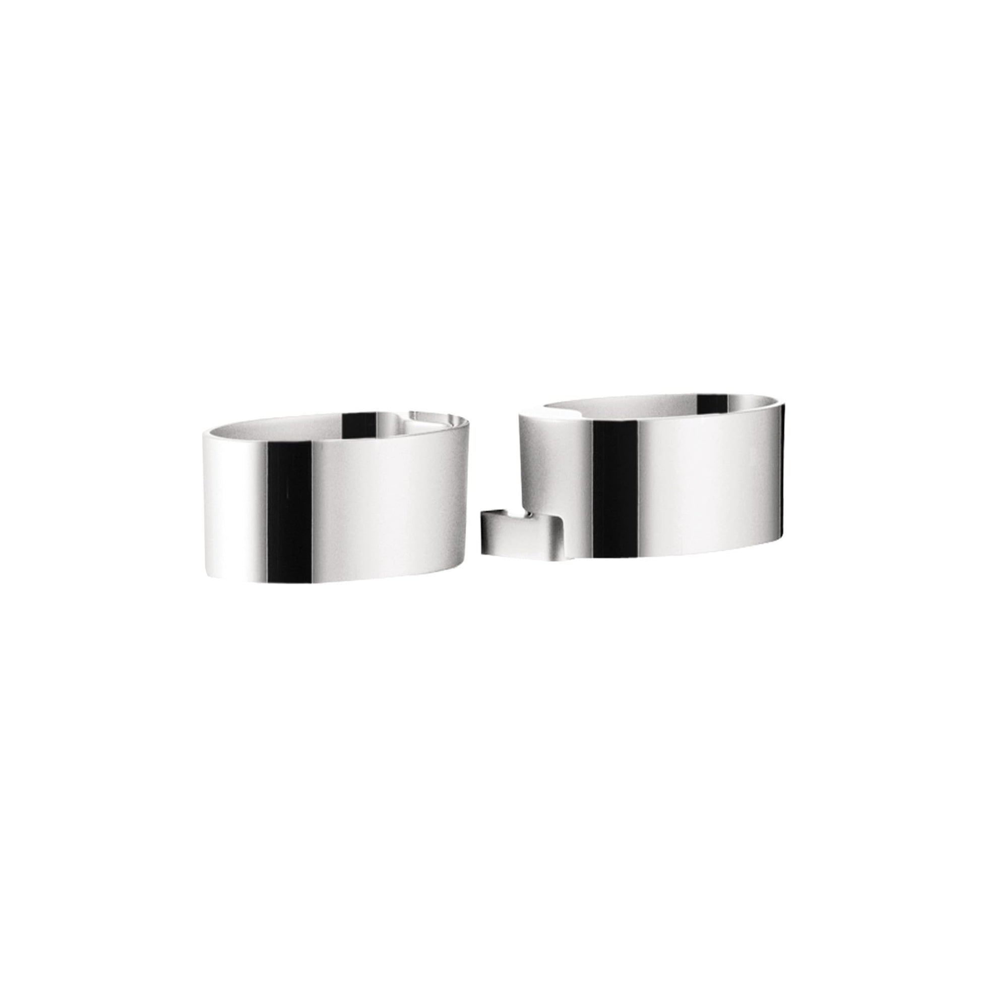 Chrome soap dishes with curved cylindrical design and black accent stripe, shown as a pair with mounting bracket.