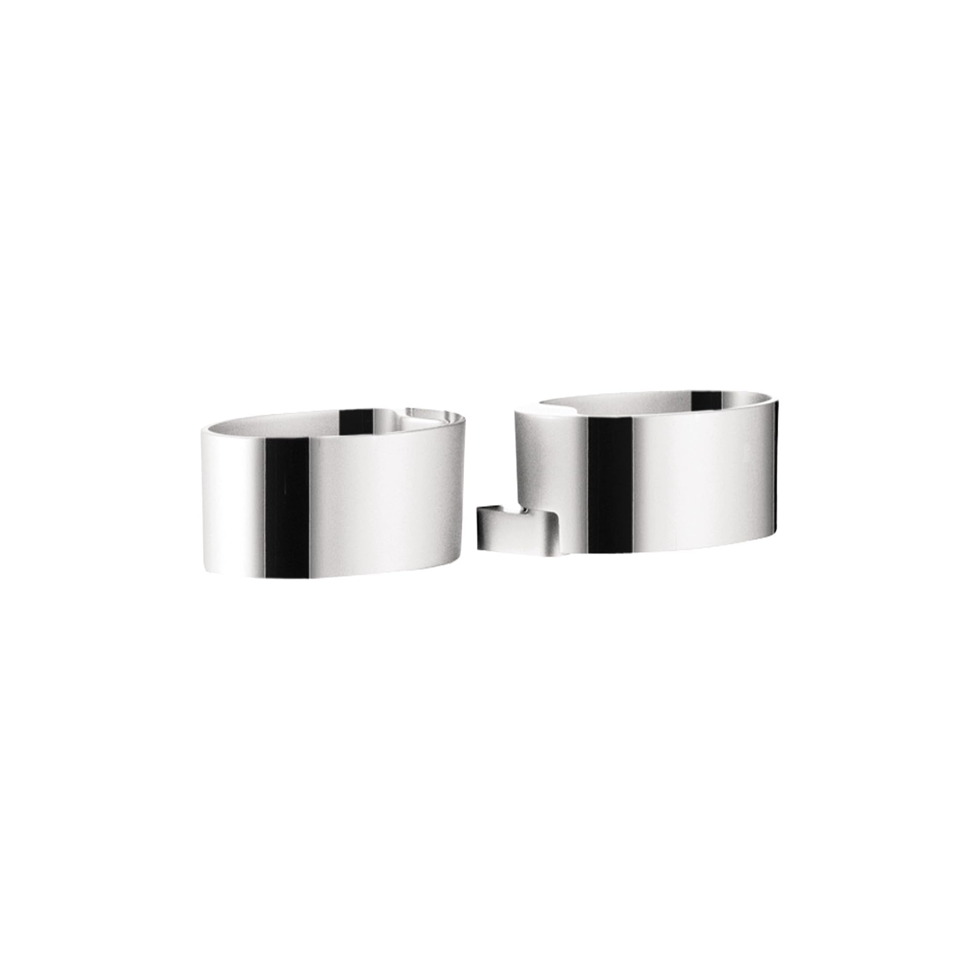 Chrome soap dishes with curved cylindrical design and black accent stripe, shown as a pair with mounting bracket.