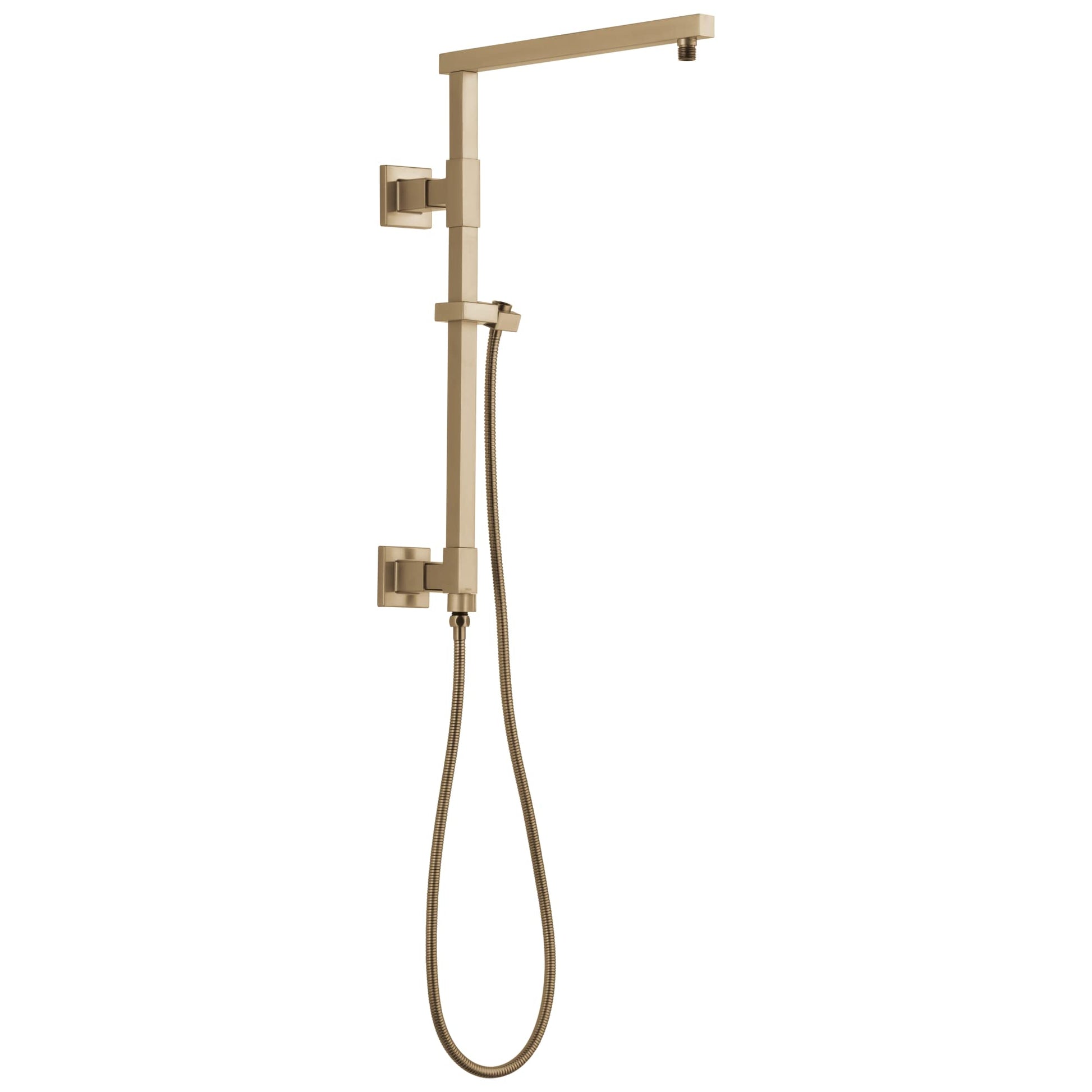 Champagne bronze shower column with angular overhead arm, wall-mounted control valve, and handheld shower head with hose.