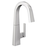 Chrome single-handle bar faucet with curved spout and rectangular handle in pulldown position.