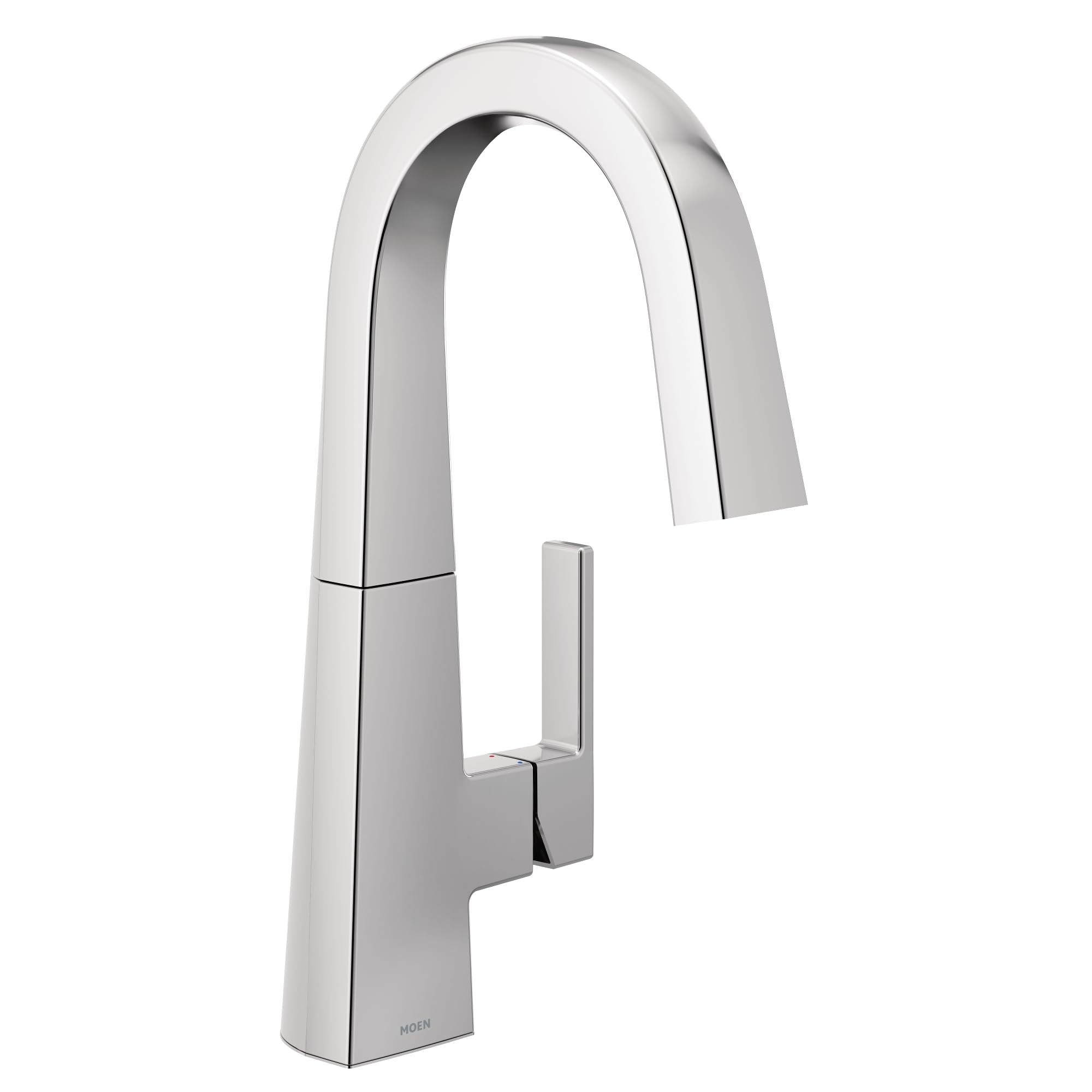 Chrome single-handle bar faucet with curved spout and rectangular handle in pulldown position.