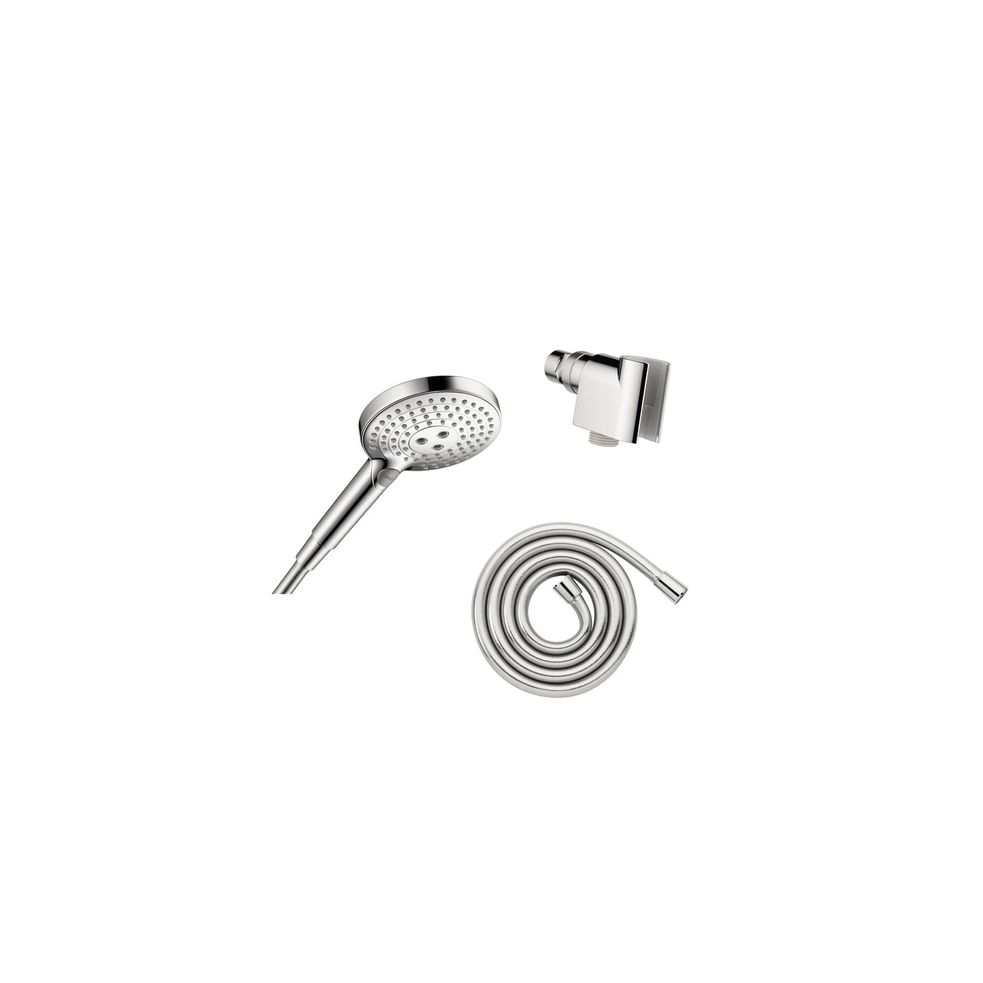 Chrome handshower set with round showerhead, wall bracket, and coiled hose.