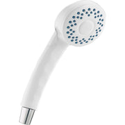 White hand shower with round spray head containing multiple blue jets and chrome connector base.