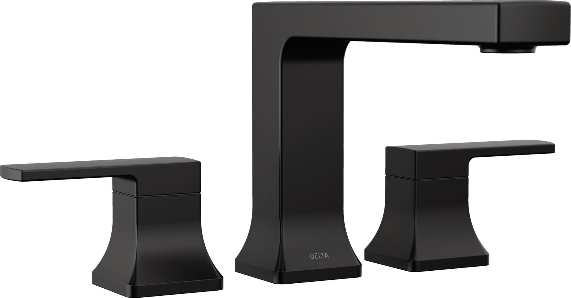 Matte black three-piece roman tub trim set with tall center spout and two matching side handles.
