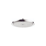Chrome overhead shower head with circular face and perforated spray pattern, mounted on vertical connector.
