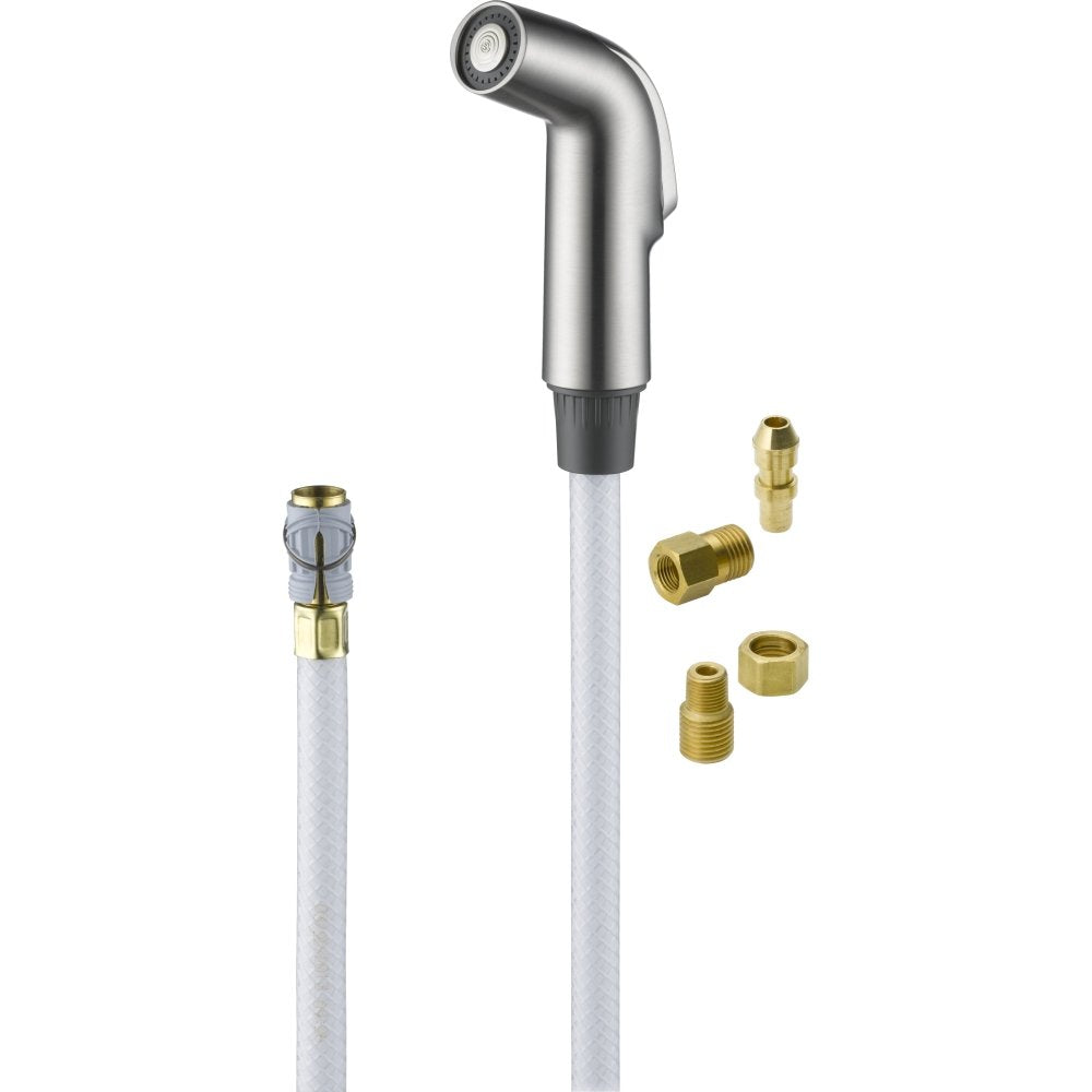 Stainless steel side spray head with white hose and brass connector fittings.