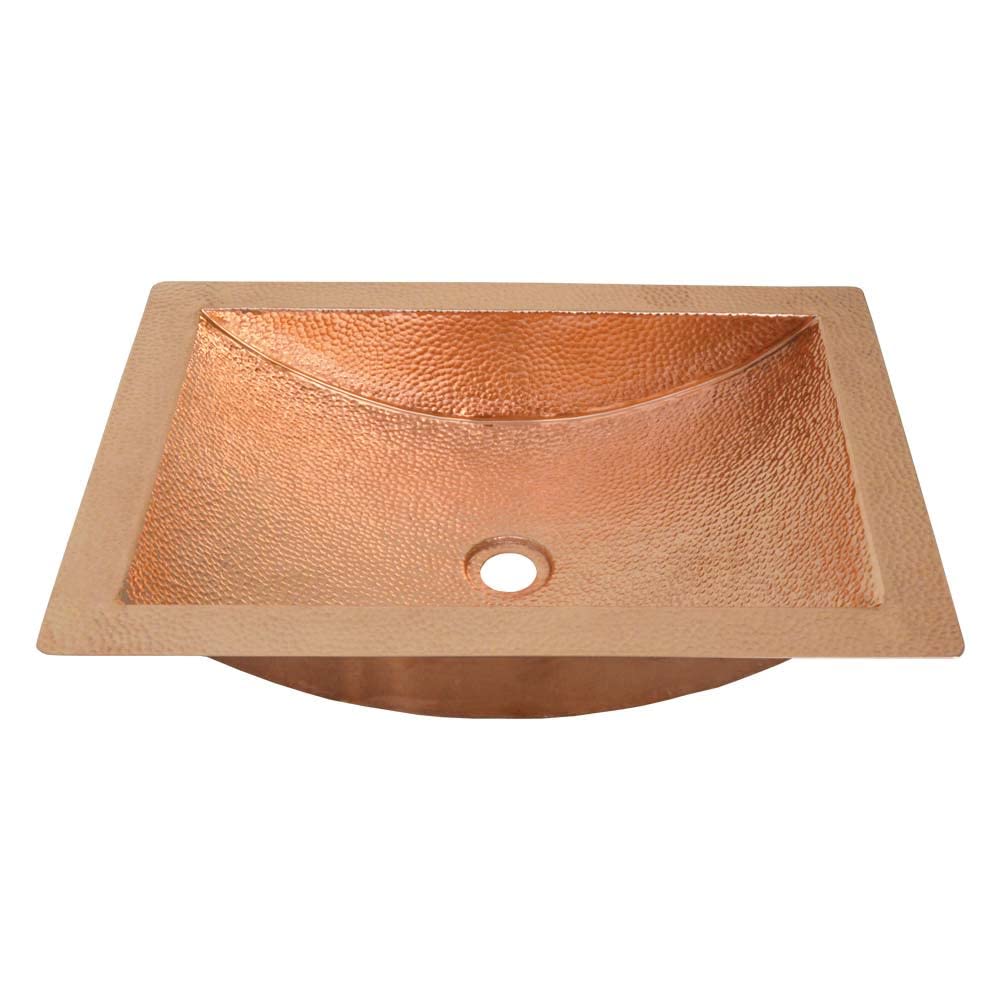 Polished copper rectangular undermount sink with hammered texture and single drain hole.
