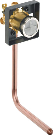 Brass pressure balance valve with black mounting bracket and copper inlet line, white diverter cap visible.