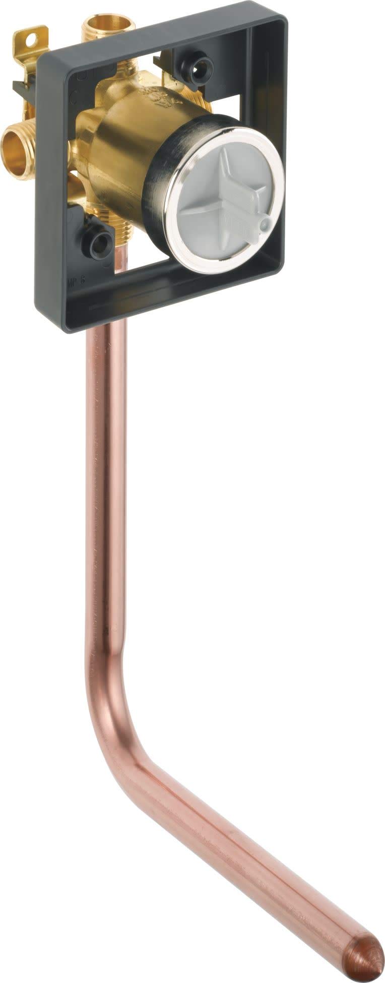 Brass pressure balance valve with black mounting bracket and copper inlet line, white diverter cap visible.