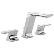 Chrome two-handle widespread bathroom faucet with tall center spout and matching side handles.
