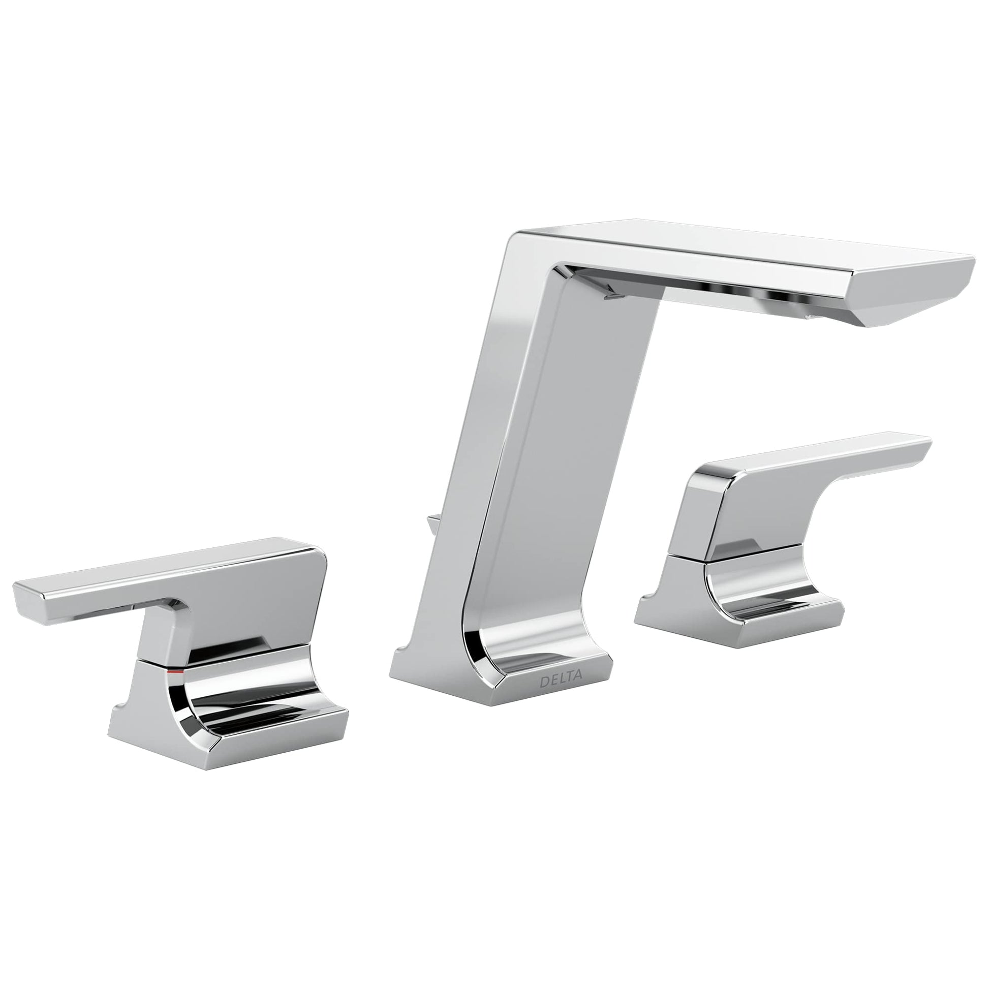 Chrome two-handle widespread bathroom faucet with tall center spout and matching side handles.