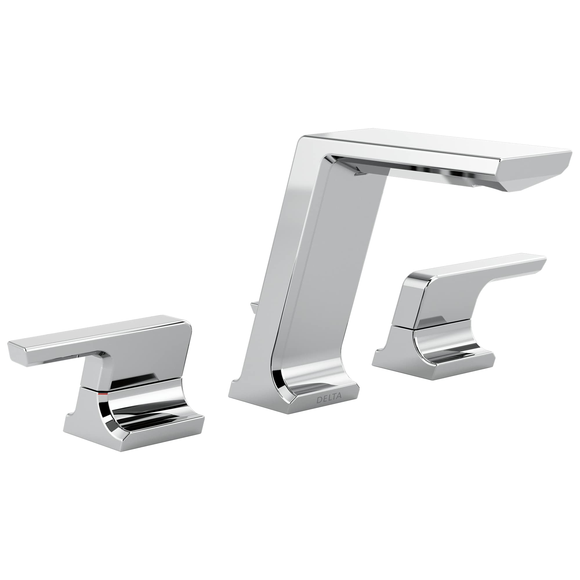 Chrome two-handle widespread bathroom faucet with tall center spout and matching side handles.