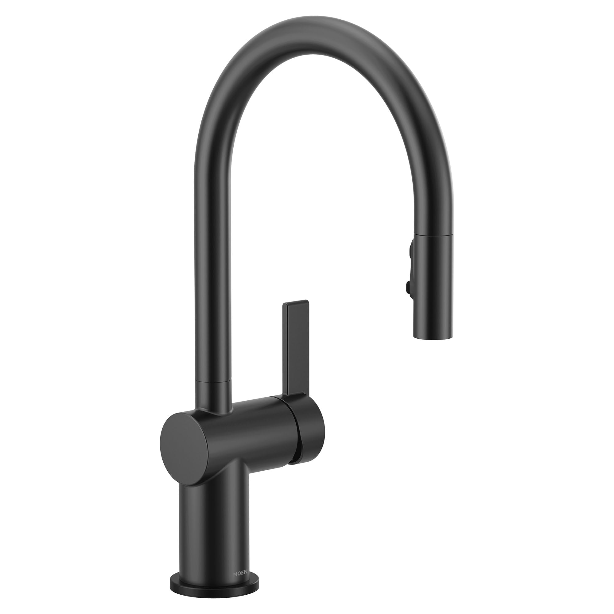 Matte black pulldown kitchen faucet with curved spout and single lever handle.