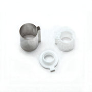 Wrought iron stop tube component with two white plastic adapter rings for Moen Posi-Temp faucet systems.