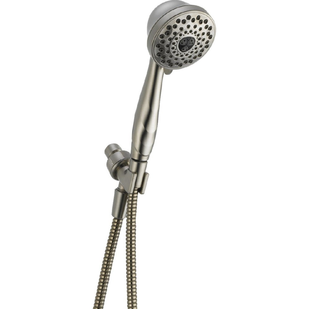 Brushed nickel hand shower head with perforated face and adjustable mount, connected to flexible hose.