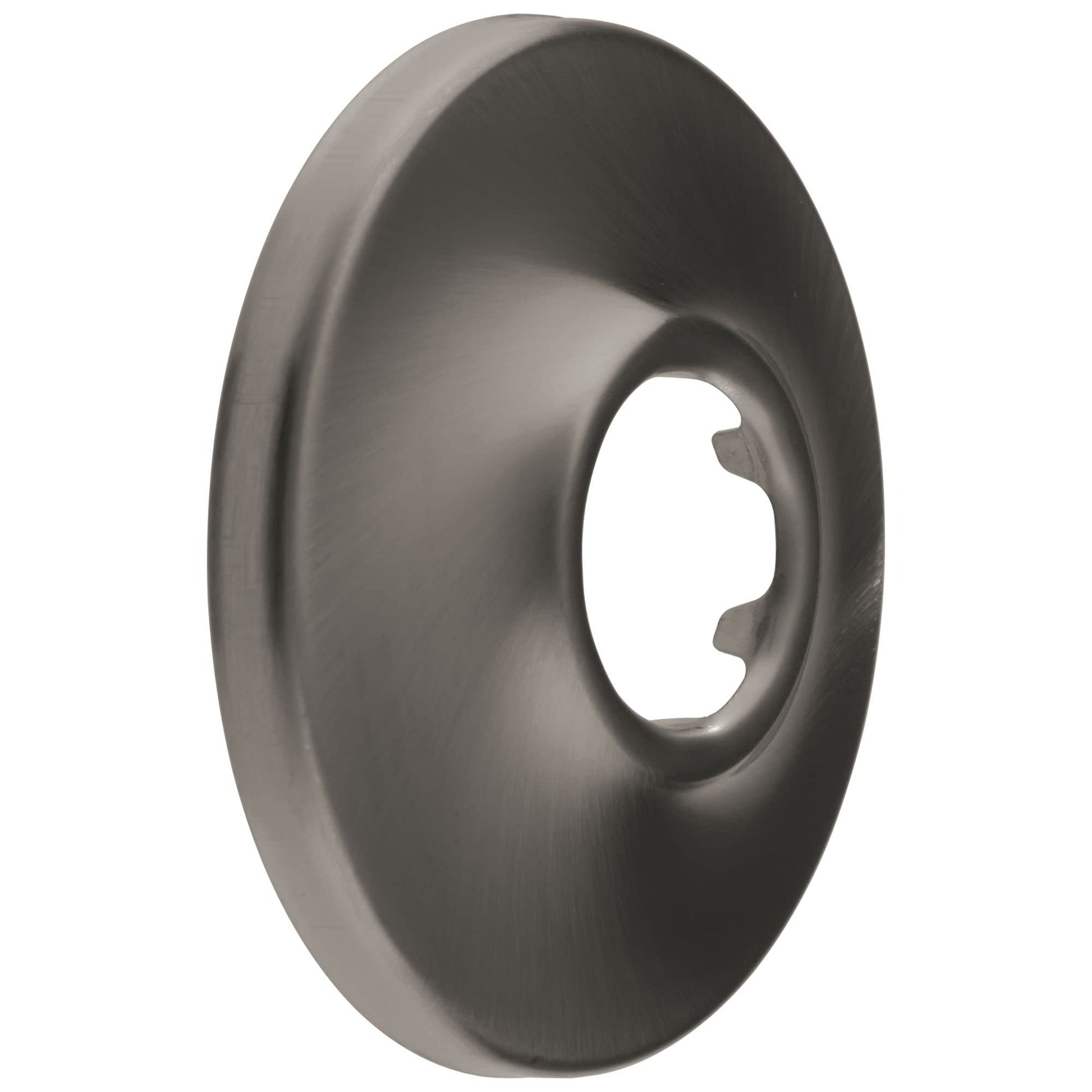 Round black stainless steel shower flange with center opening and recessed mounting area.
