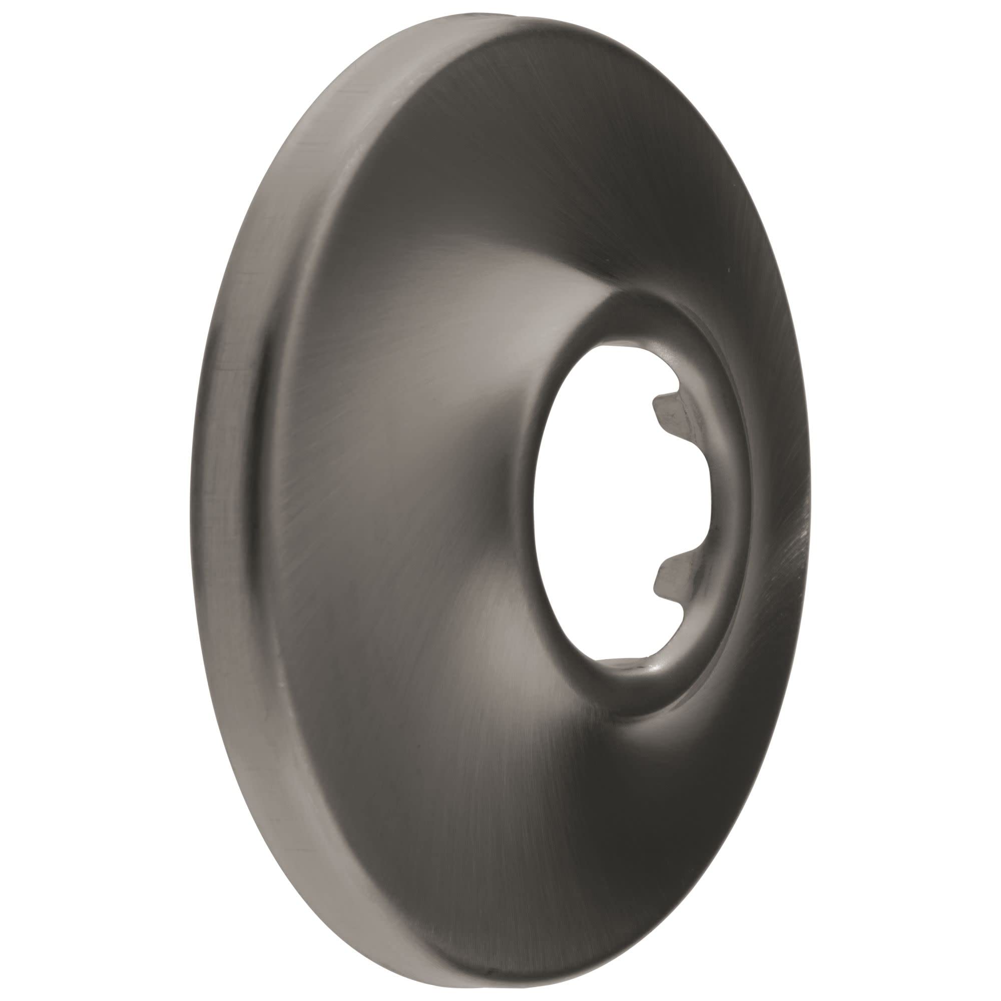 Round black stainless steel shower flange with center opening and recessed mounting area.