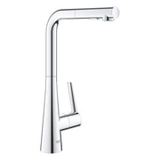 Chrome kitchen faucet with tall spout, single handle, and retractable spray head.
