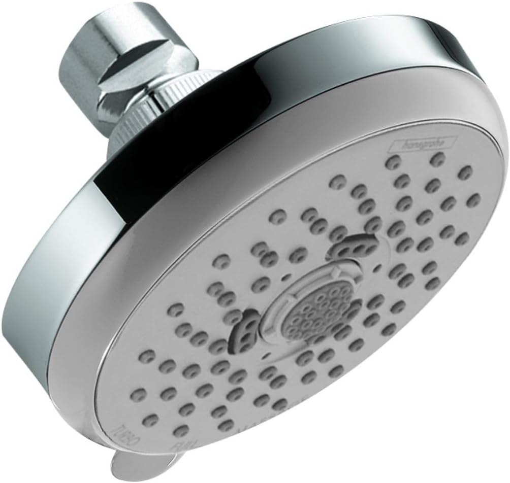 Chrome shower head with circular face, multiple spray jets, and adjustable arm connector.