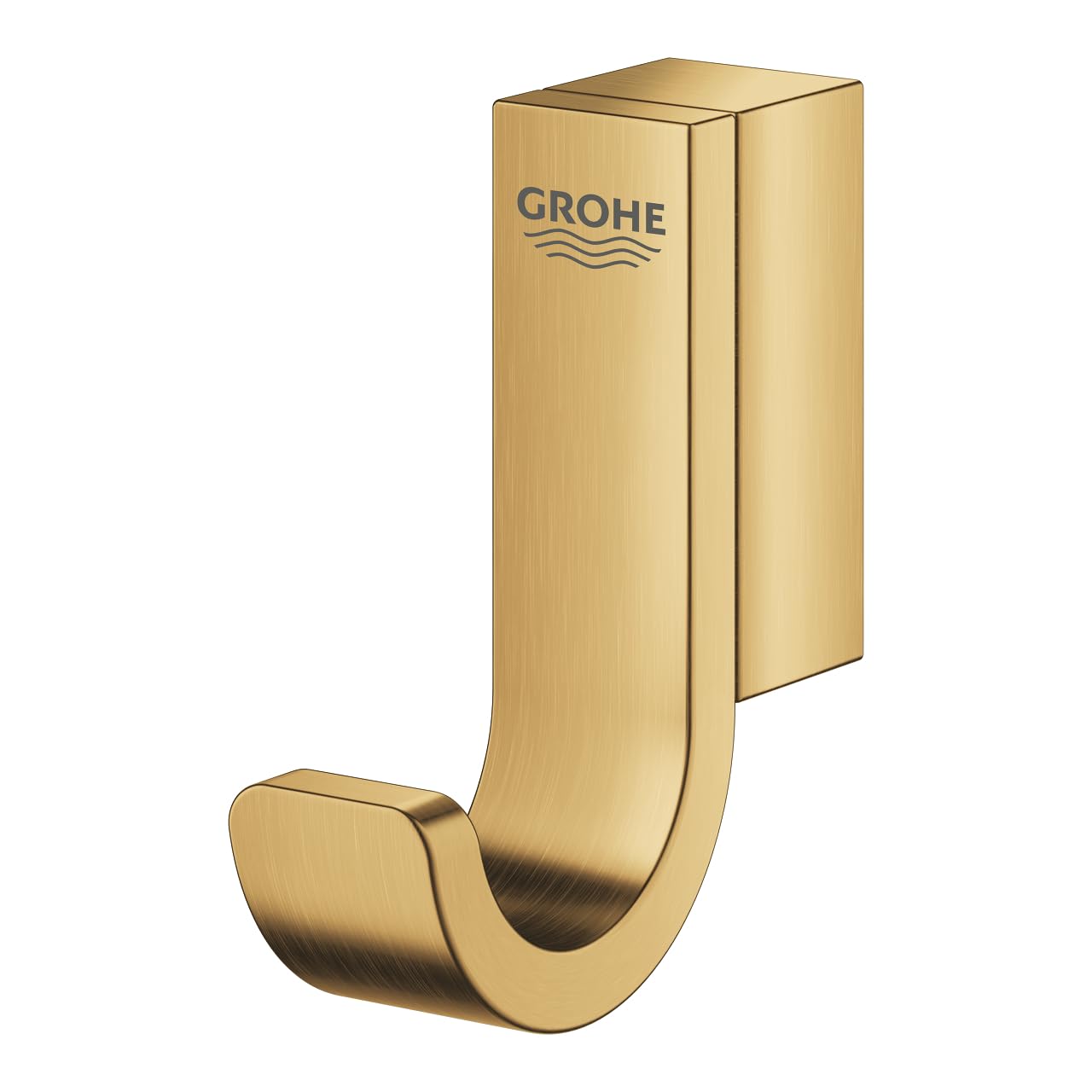 Grohe brushed gold robe hook with curved hook base and rectangular mounting plate.