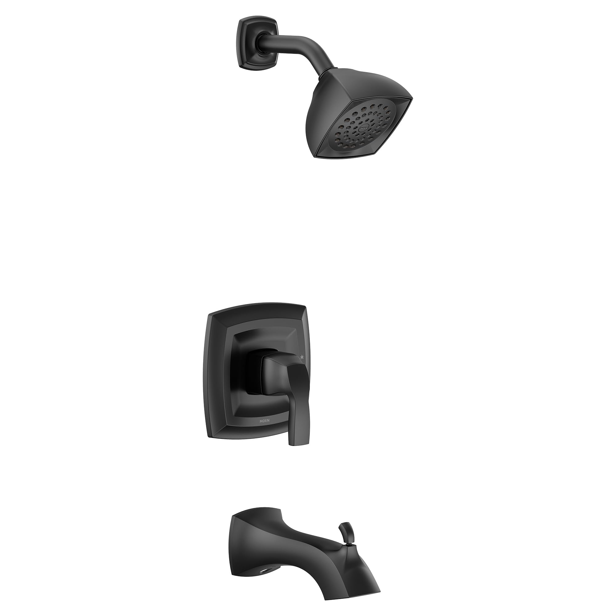 Matte black tub and shower trim kit with single handle valve, curved spout, and square showerhead with perforations.