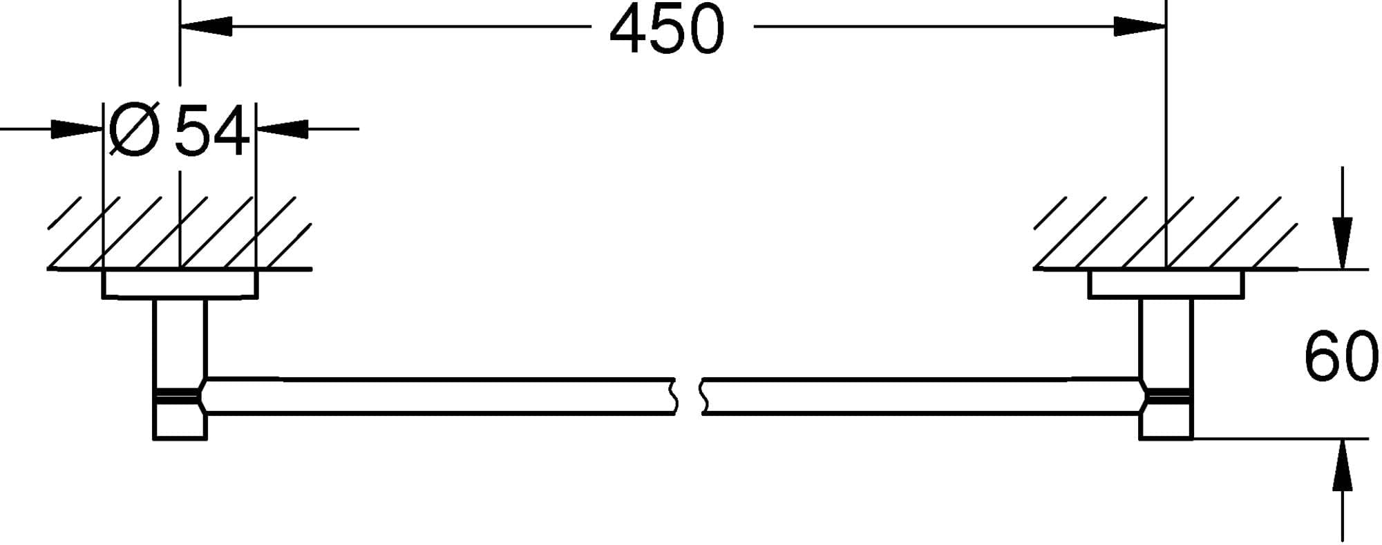 Grohe Hard Graphite towel bar with 450mm width and mounting brackets, technical schematic with dimensions.