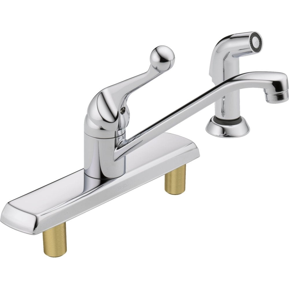 Chrome kitchen faucet with single lever handle, extended spout, and separate side spray attachment.