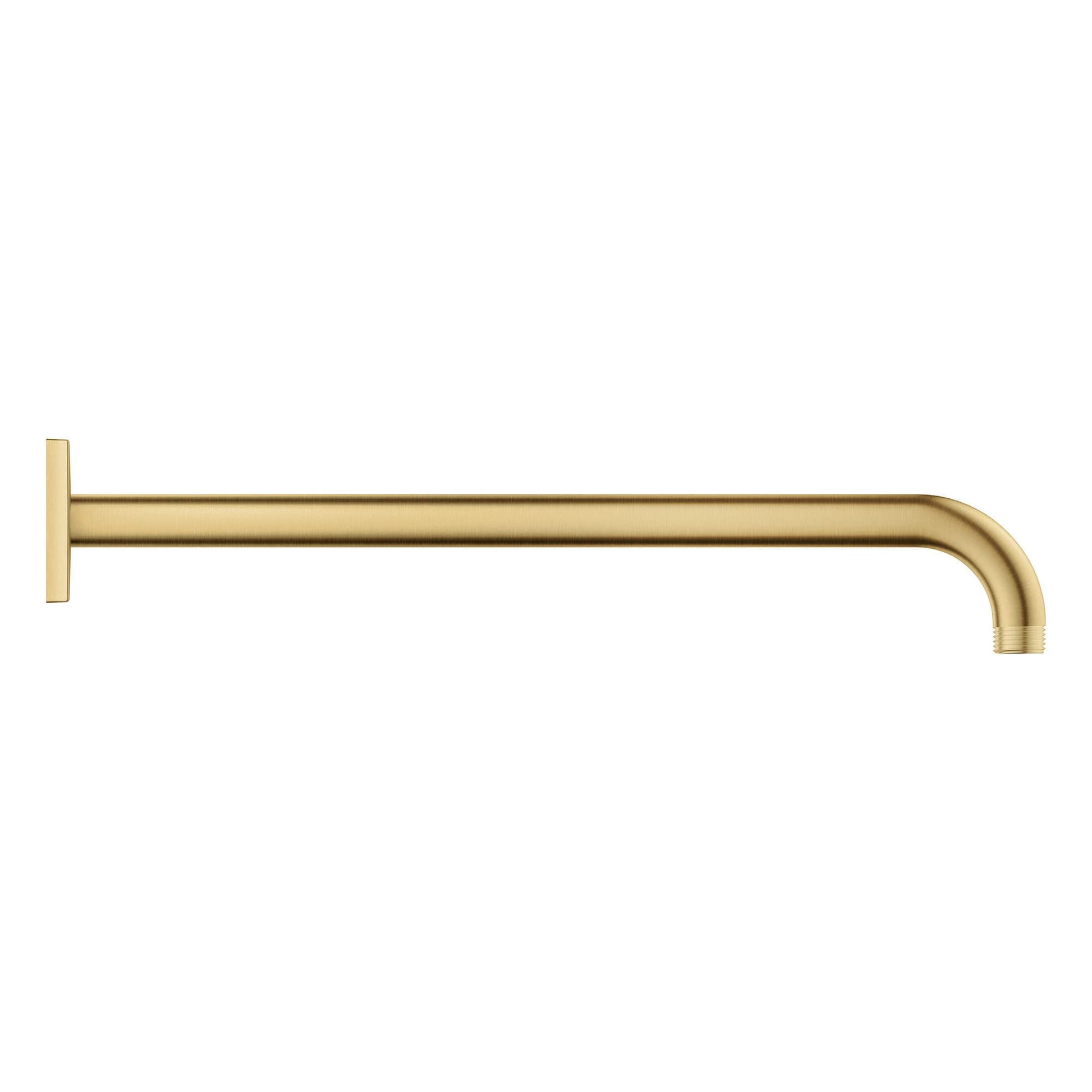 Brushed gold shower arm with square wall mount and curved end, 15 inches long.