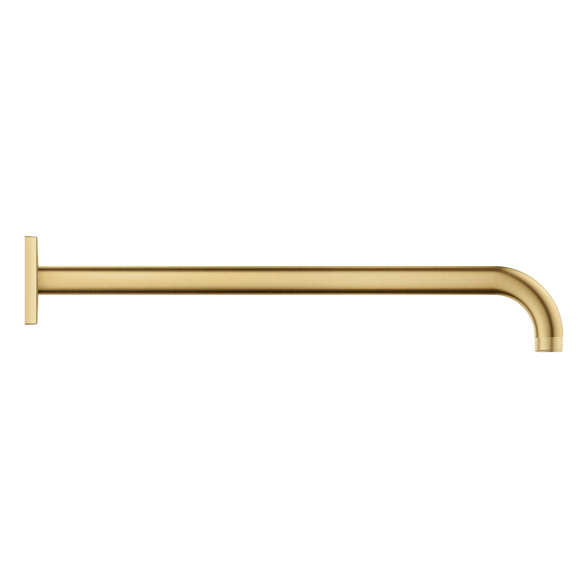 Brushed gold shower arm with square wall mount and curved end, 15 inches long.