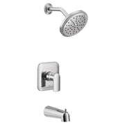 Chrome tub and shower trim kit with single handle valve, circular showerhead with spray holes, curved arm, and tub spout.