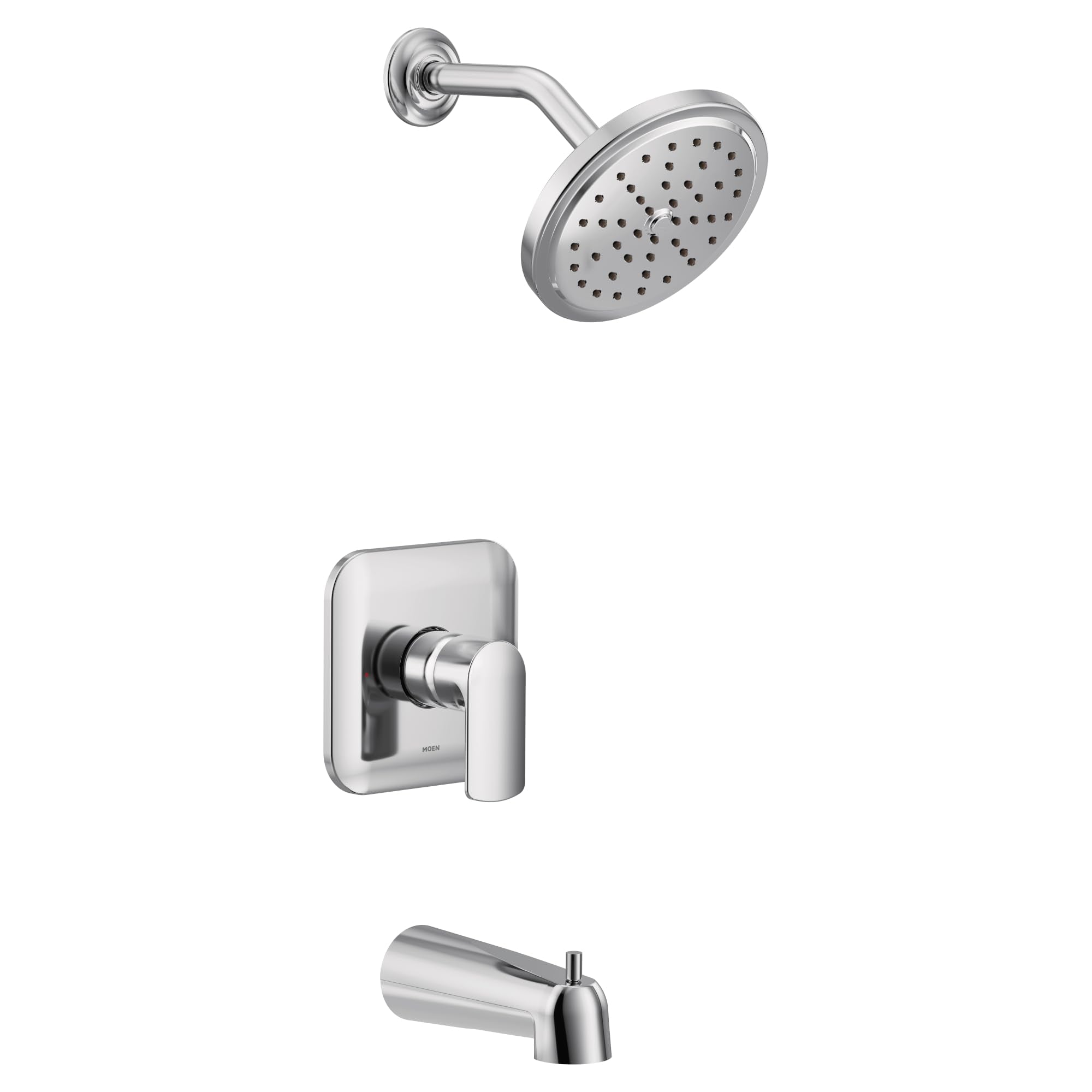 Chrome tub and shower trim kit with single handle valve, circular showerhead with spray holes, curved arm, and tub spout.