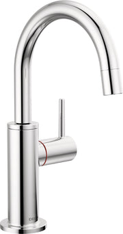 Chrome round instant hot water dispenser with curved spout and side lever handle.