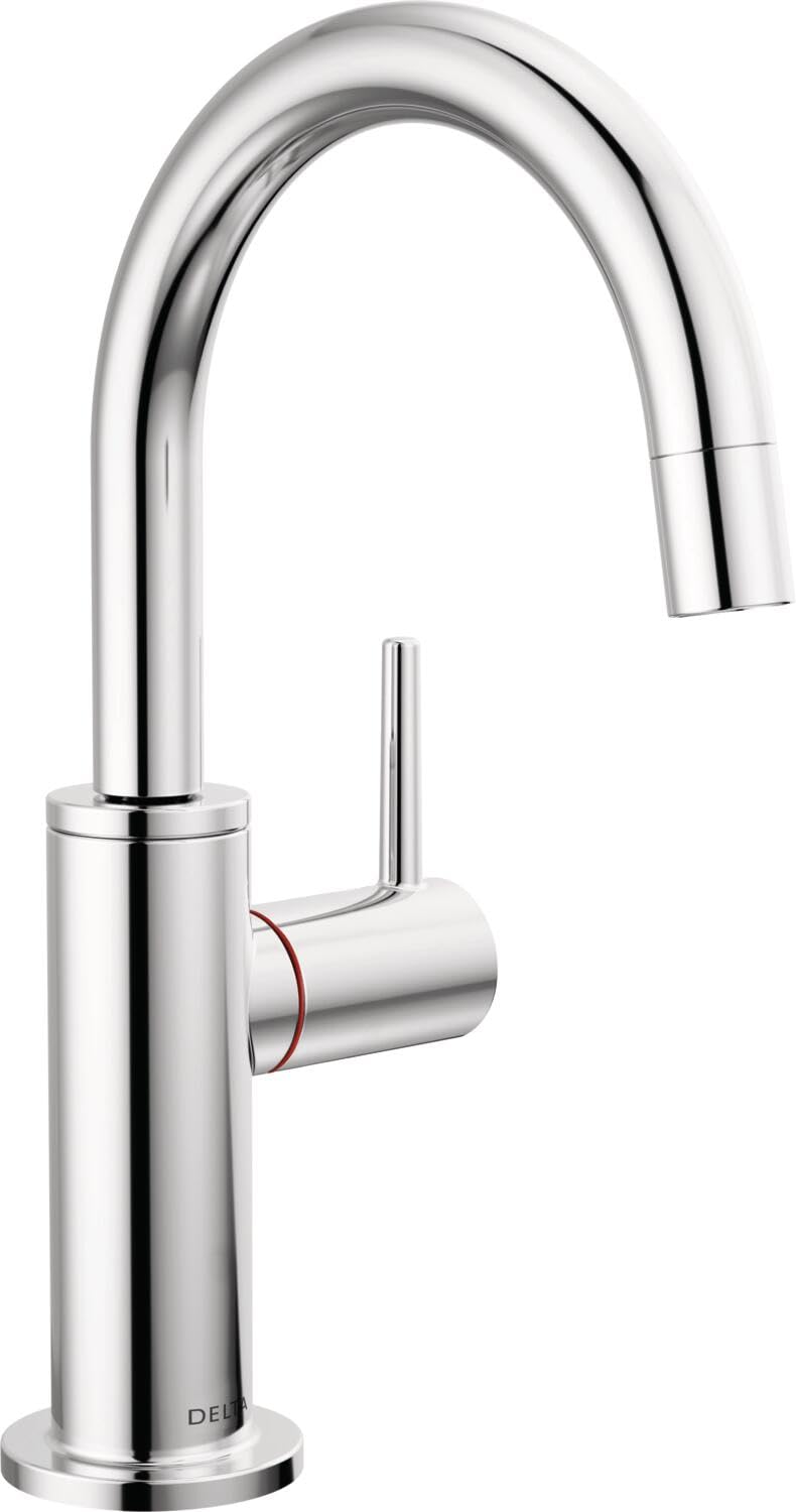 Chrome round instant hot water dispenser with curved spout and side lever handle.
