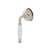 Polished nickel hand shower with white handle and perforated shower head on angled arm.